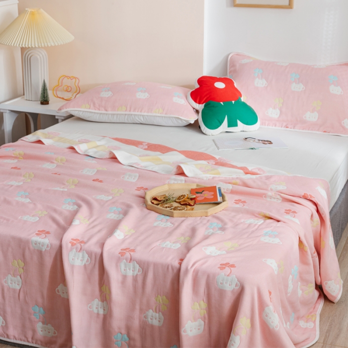 91家纺网 家纺一手货源 找家纺 朴尔家纺 2021新款六层全棉纱布毛巾被 杯中叶语-粉