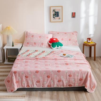 91家纺网 家纺一手货源 找家纺 朴尔家纺 2021新款六层全棉纱布毛巾被 甜甜草莓-粉