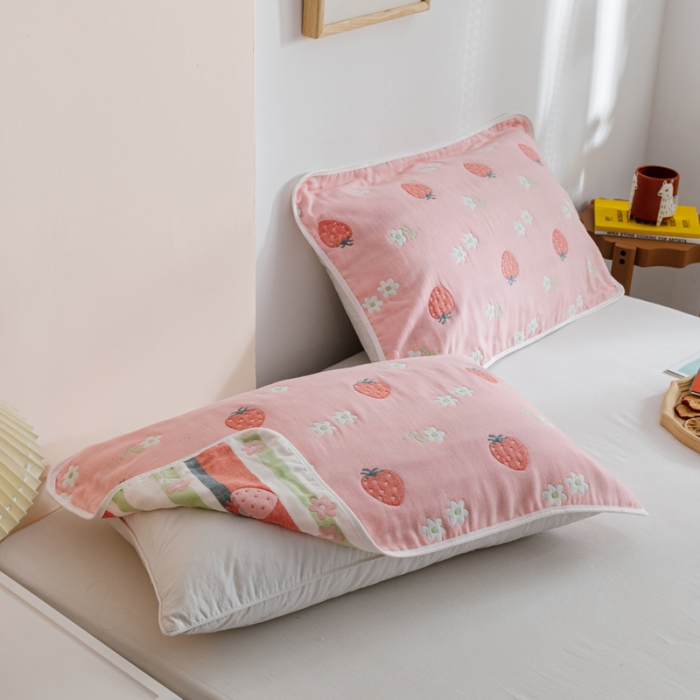 91家纺网 家纺一手货源 找家纺 朴尔家纺 2021新款六层全棉纱布毛巾被 甜甜草莓-粉