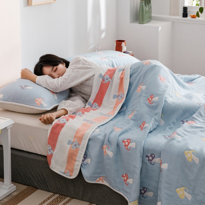 91家纺网 家纺一手货源 找家纺 朴尔家纺 2021新款六层全棉纱布毛巾被 五彩蘑菇-兰