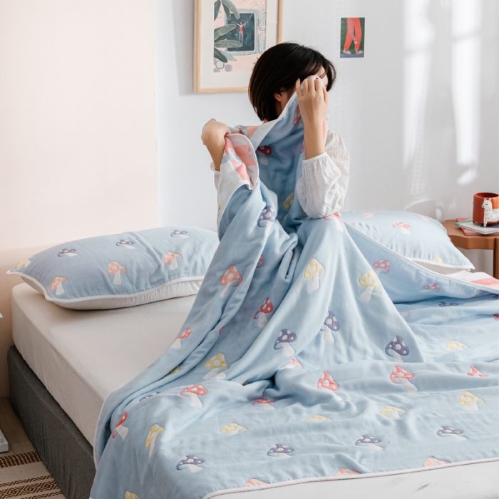 91家纺网 家纺一手货源 找家纺 朴尔家纺 2021新款六层全棉纱布毛巾被 五彩蘑菇-兰