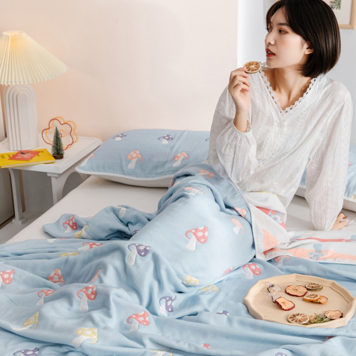 91家纺网 家纺一手货源 找家纺 朴尔家纺 2021新款六层全棉纱布毛巾被 五彩蘑菇-兰