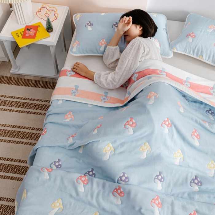 91家纺网 家纺一手货源 找家纺 朴尔家纺 2021新款六层全棉纱布毛巾被 五彩蘑菇-兰