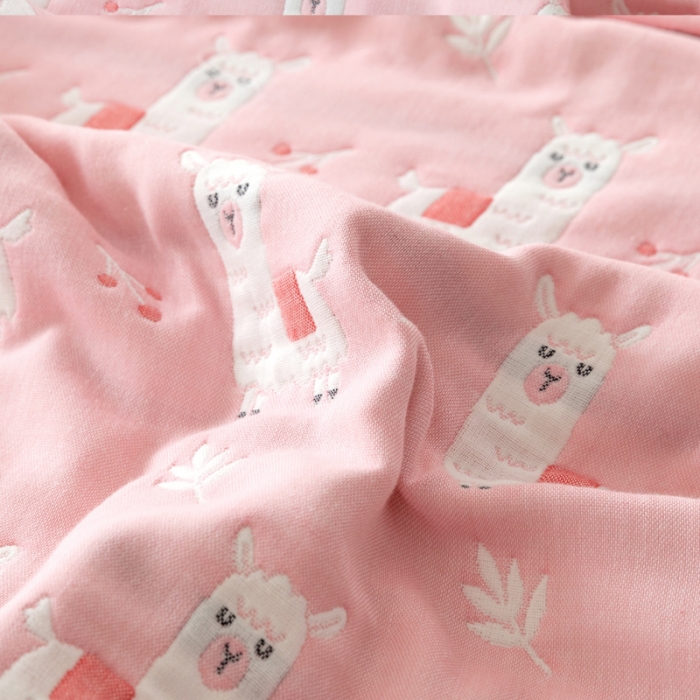 91家纺网 家纺一手货源 找家纺 朴尔家纺 2021新款卡通系全棉六层纱毛巾 欢乐羊驼-粉