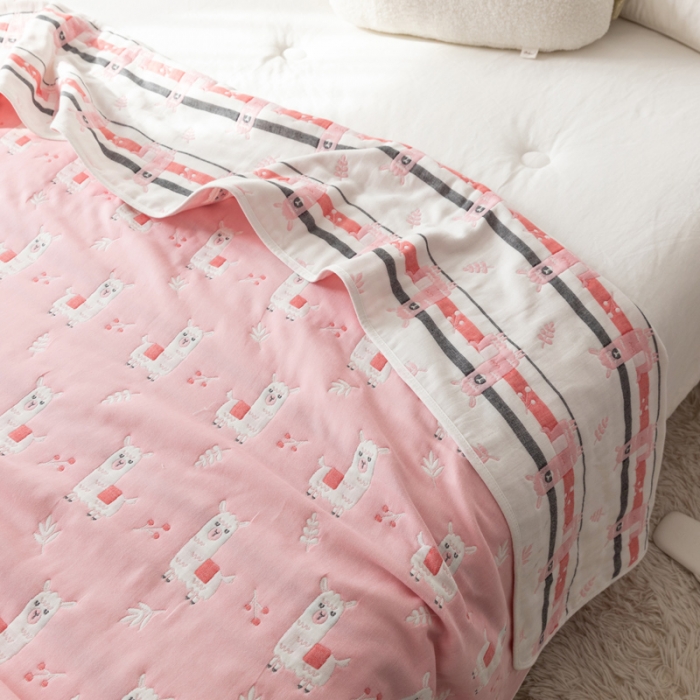 91家纺网 家纺一手货源 找家纺 朴尔家纺 2021新款卡通系全棉六层纱毛巾 欢乐羊驼-粉