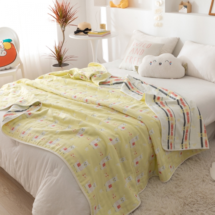 91家纺网 家纺一手货源 找家纺 朴尔家纺 2021新款卡通系全棉六层纱毛巾 欢乐羊驼-黄