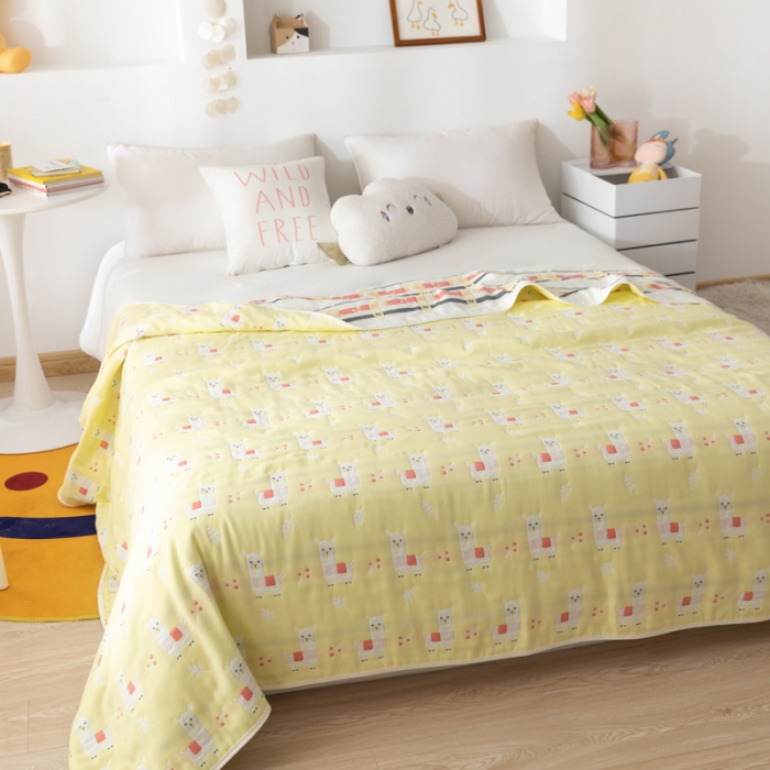 91家纺网 家纺一手货源 找家纺 朴尔家纺 2021新款卡通系全棉六层纱毛巾 欢乐羊驼-黄