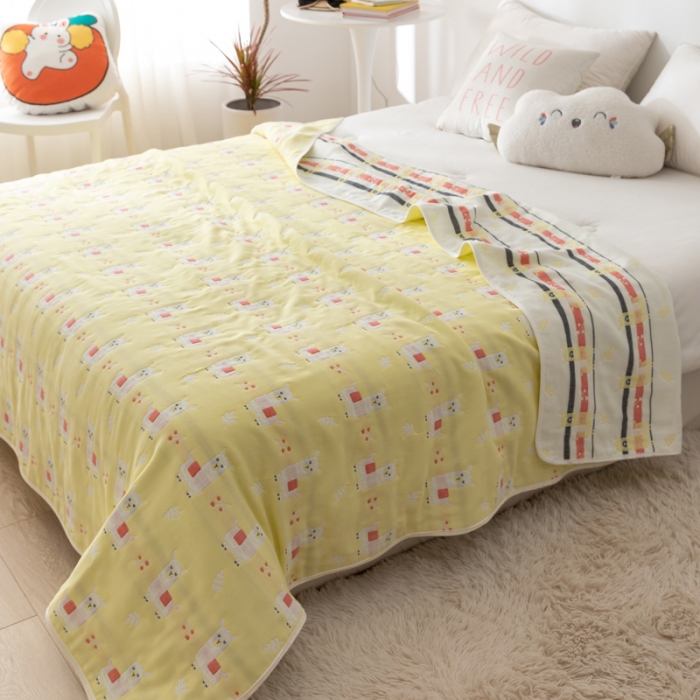 91家纺网 家纺一手货源 找家纺 朴尔家纺 2021新款卡通系全棉六层纱毛巾 欢乐羊驼-黄