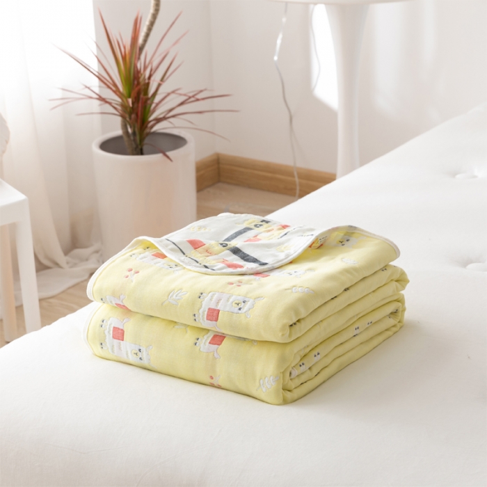 91家纺网 家纺一手货源 找家纺 朴尔家纺 2021新款卡通系全棉六层纱毛巾 欢乐羊驼-黄