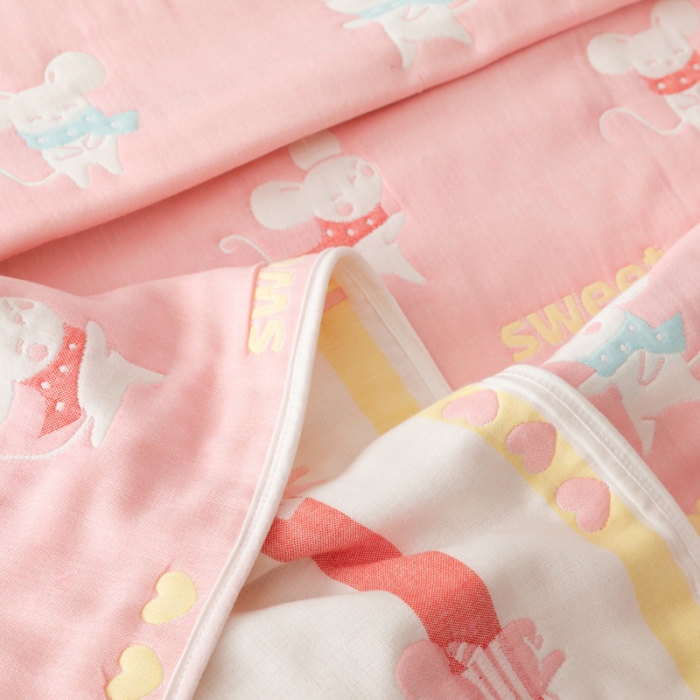 91家纺网 家纺一手货源 找家纺 朴尔家纺 2021新款卡通系全棉六层纱毛巾 开心鼠-粉