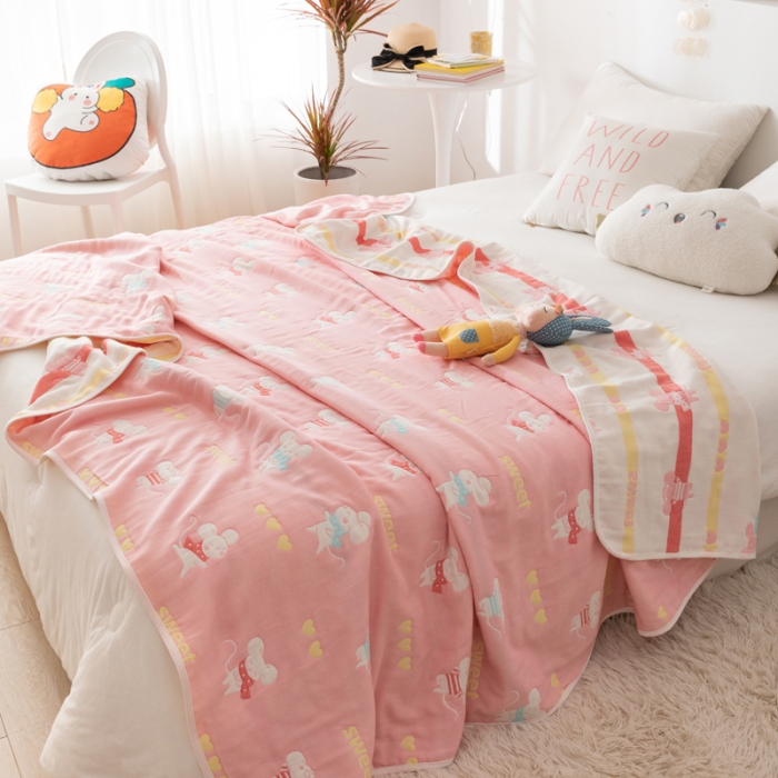 91家纺网 家纺一手货源 找家纺 朴尔家纺 2021新款卡通系全棉六层纱毛巾 开心鼠-粉