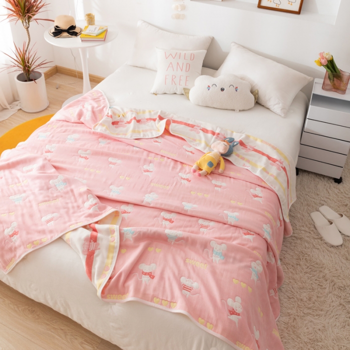 91家纺网 家纺一手货源 找家纺 朴尔家纺 2021新款卡通系全棉六层纱毛巾 开心鼠-粉