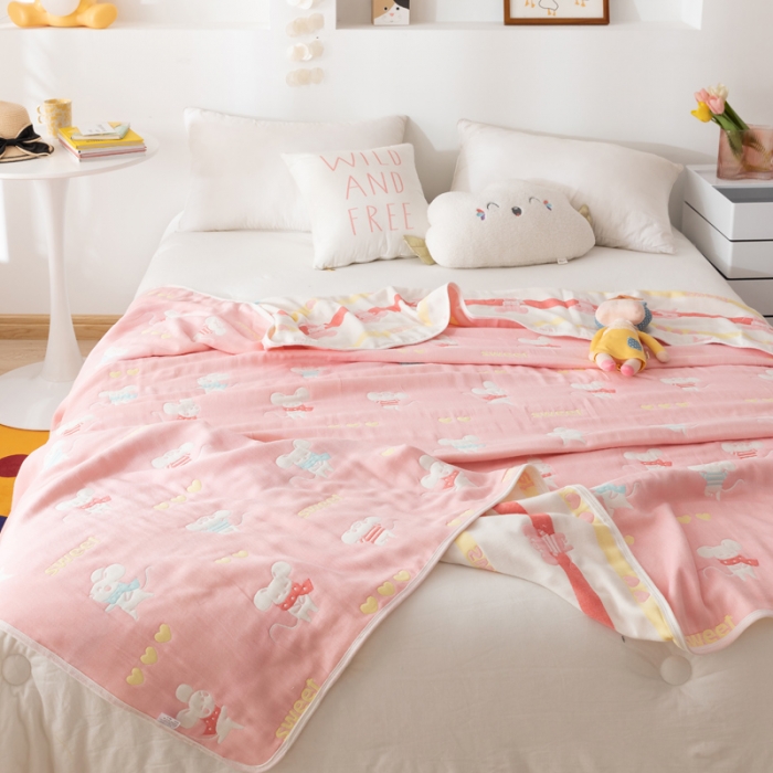 91家纺网 家纺一手货源 找家纺 朴尔家纺 2021新款卡通系全棉六层纱毛巾 开心鼠-粉