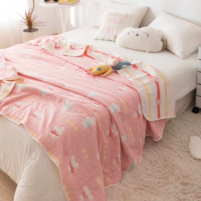 91家纺网 家纺一手货源 找家纺 朴尔家纺 2021新款卡通系全棉六层纱毛巾 开心鼠-粉