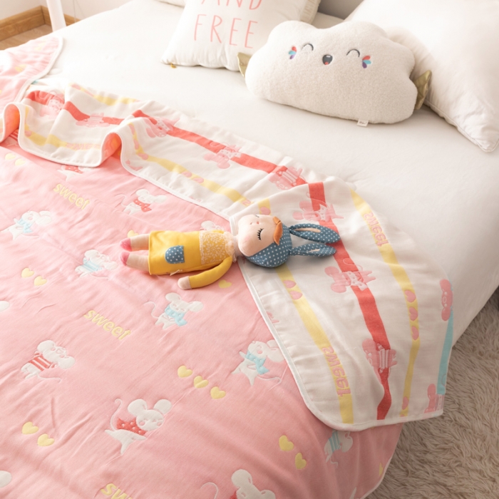 91家纺网 家纺一手货源 找家纺 朴尔家纺 2021新款卡通系全棉六层纱毛巾 开心鼠-粉