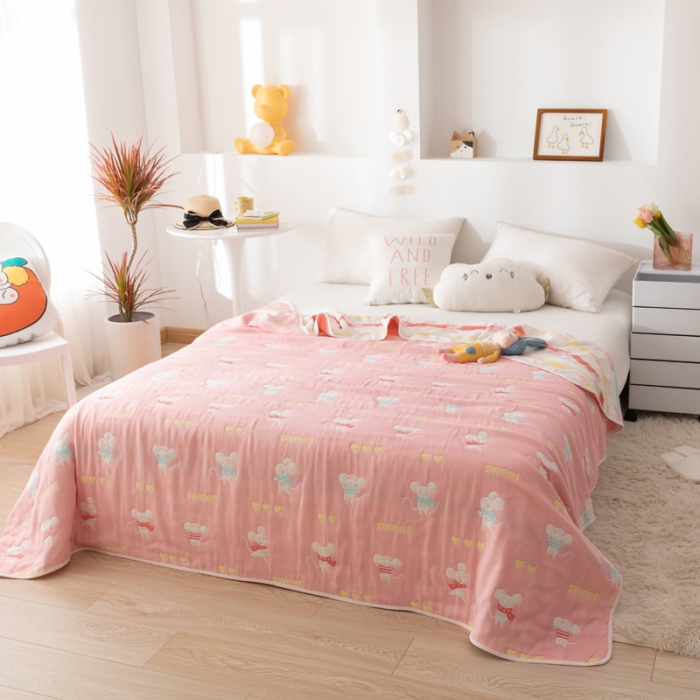 91家纺网 家纺一手货源 找家纺 朴尔家纺 2021新款卡通系全棉六层纱毛巾 开心鼠-粉