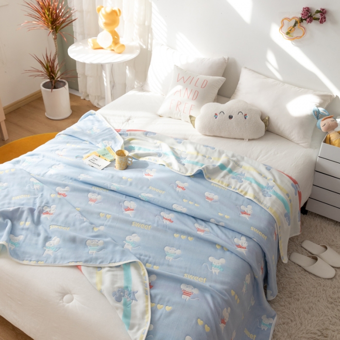 91家纺网 家纺一手货源 找家纺 朴尔家纺 2021新款卡通系全棉六层纱毛巾 开心鼠-蓝