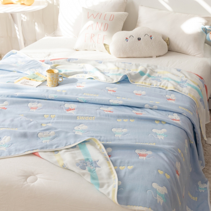 91家纺网 家纺一手货源 找家纺 朴尔家纺 2021新款卡通系全棉六层纱毛巾 开心鼠-蓝