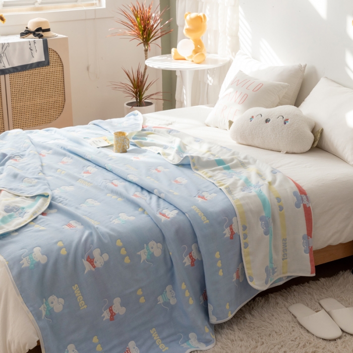 91家纺网 家纺一手货源 找家纺 朴尔家纺 2021新款卡通系全棉六层纱毛巾 开心鼠-蓝