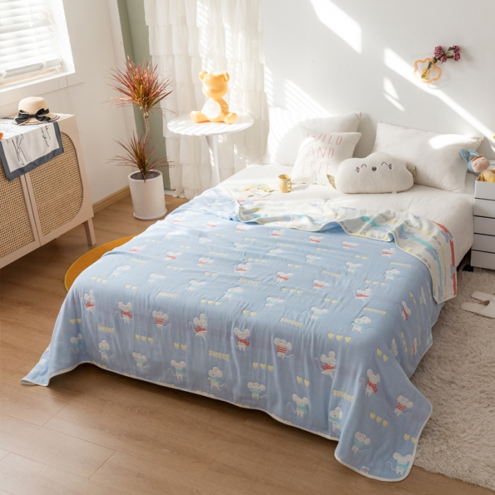 91家纺网 家纺一手货源 找家纺 朴尔家纺 2021新款卡通系全棉六层纱毛巾 开心鼠-蓝