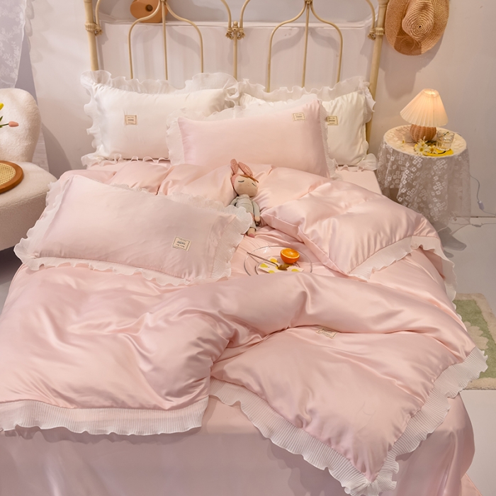 91家纺网 家纺一手货源 找家纺 艾米 2025新款水洗真丝雪纺花边揽梦系列四件套 粉玉