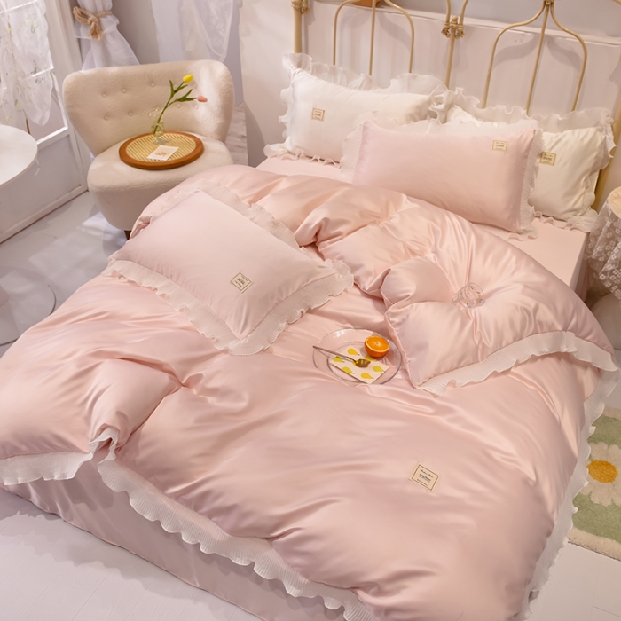 91家纺网 家纺一手货源 找家纺 艾米 2025新款水洗真丝雪纺花边揽梦系列四件套 粉玉