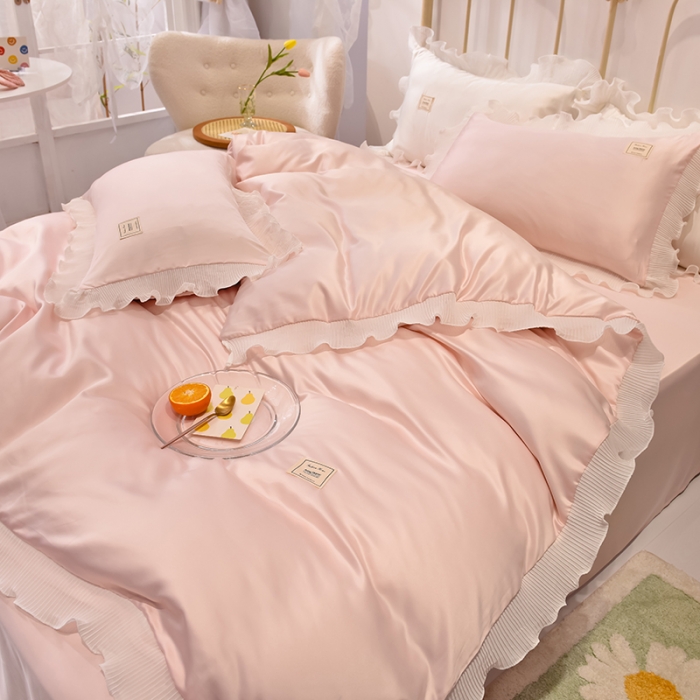 91家纺网 家纺一手货源 找家纺 艾米 2025新款水洗真丝雪纺花边揽梦系列四件套 粉玉