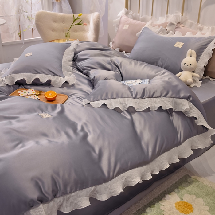 91家纺网 家纺一手货源 找家纺 艾米 2025新款水洗真丝雪纺花边揽梦系列四件套 灰