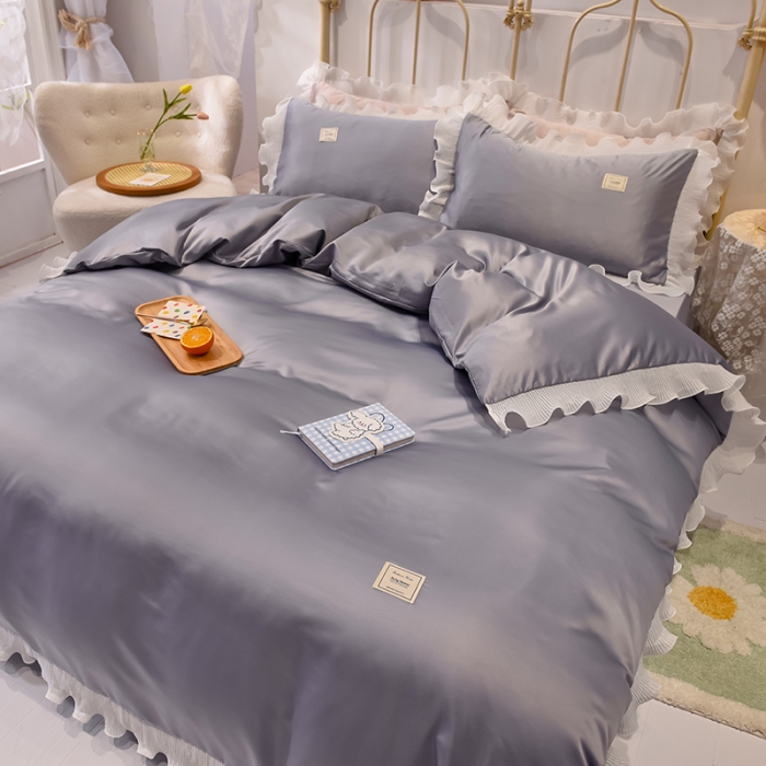 91家纺网 家纺一手货源 找家纺 艾米 2025新款水洗真丝雪纺花边揽梦系列四件套 灰