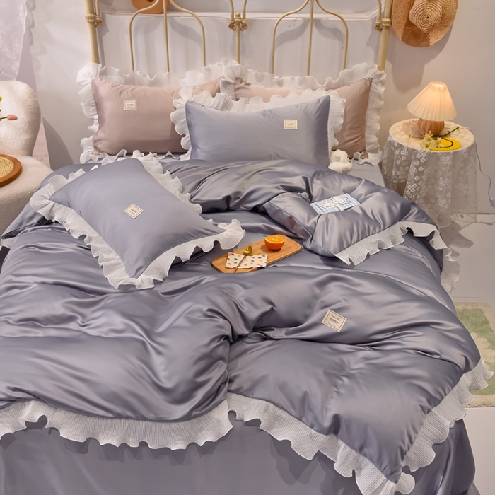 91家纺网 家纺一手货源 找家纺 艾米 2025新款水洗真丝雪纺花边揽梦系列四件套 灰