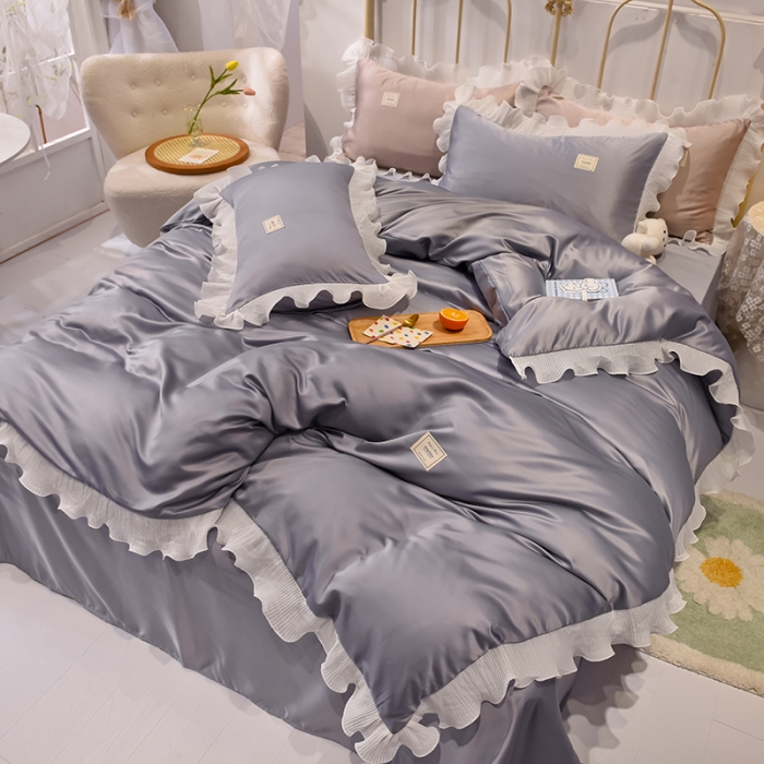 91家纺网 家纺一手货源 找家纺 艾米 2025新款水洗真丝雪纺花边揽梦系列四件套 灰