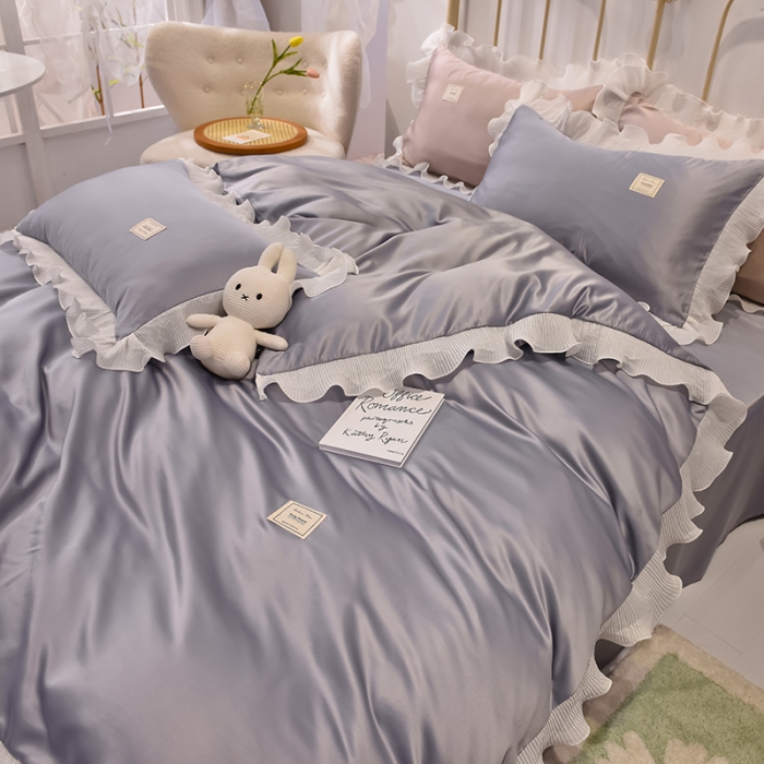 91家纺网 家纺一手货源 找家纺 艾米 2025新款水洗真丝雪纺花边揽梦系列四件套 灰