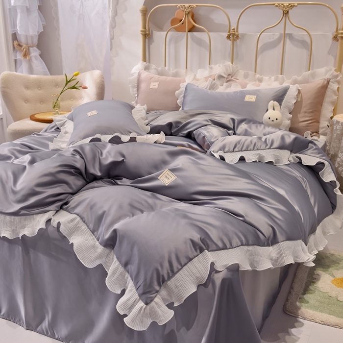 91家纺网 家纺一手货源 找家纺 艾米 2025新款水洗真丝雪纺花边揽梦系列四件套 灰