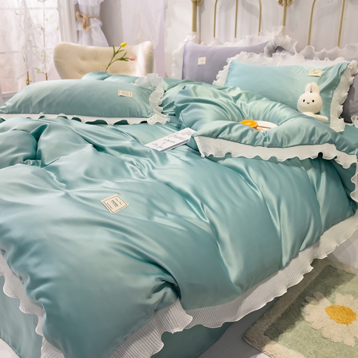 91家纺网 家纺一手货源 找家纺 艾米 2025新款水洗真丝雪纺花边揽梦系列四件套 绿