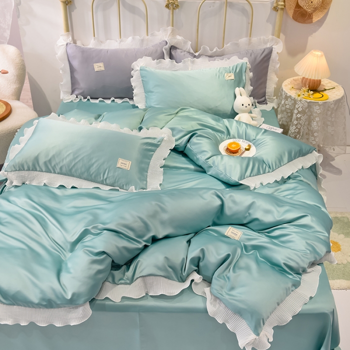 91家纺网 家纺一手货源 找家纺 艾米 2025新款水洗真丝雪纺花边揽梦系列四件套 绿