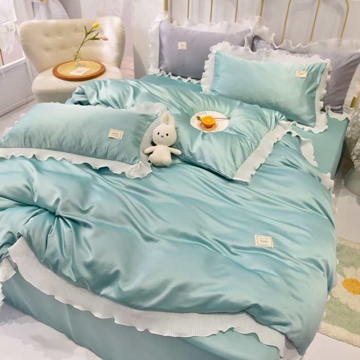 91家纺网 家纺一手货源 找家纺 艾米 2025新款水洗真丝雪纺花边揽梦系列四件套 绿