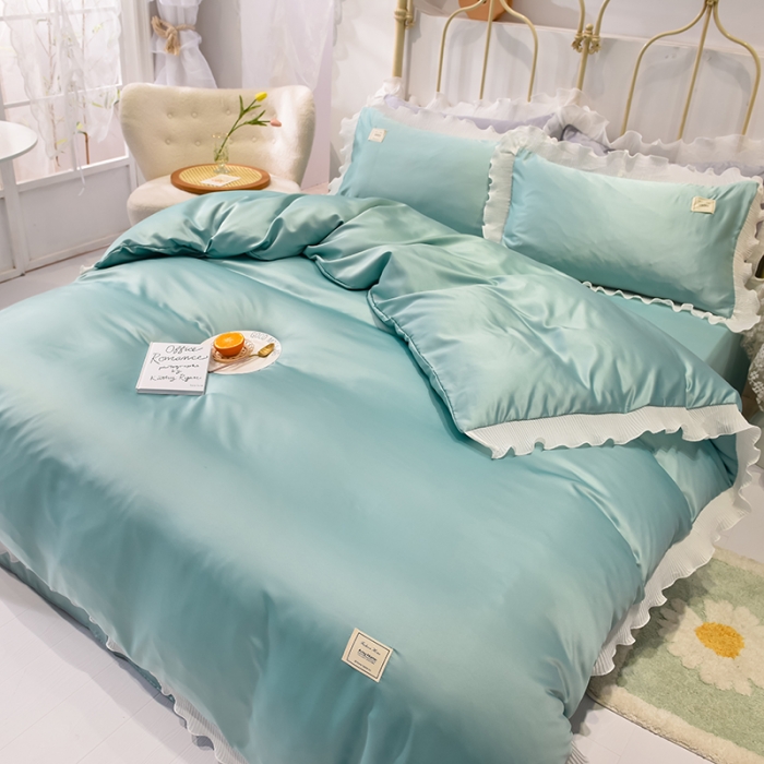 91家纺网 家纺一手货源 找家纺 艾米 2025新款水洗真丝雪纺花边揽梦系列四件套 绿