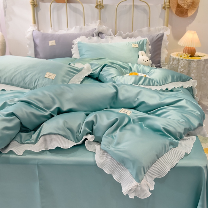 91家纺网 家纺一手货源 找家纺 艾米 2025新款水洗真丝雪纺花边揽梦系列四件套 绿