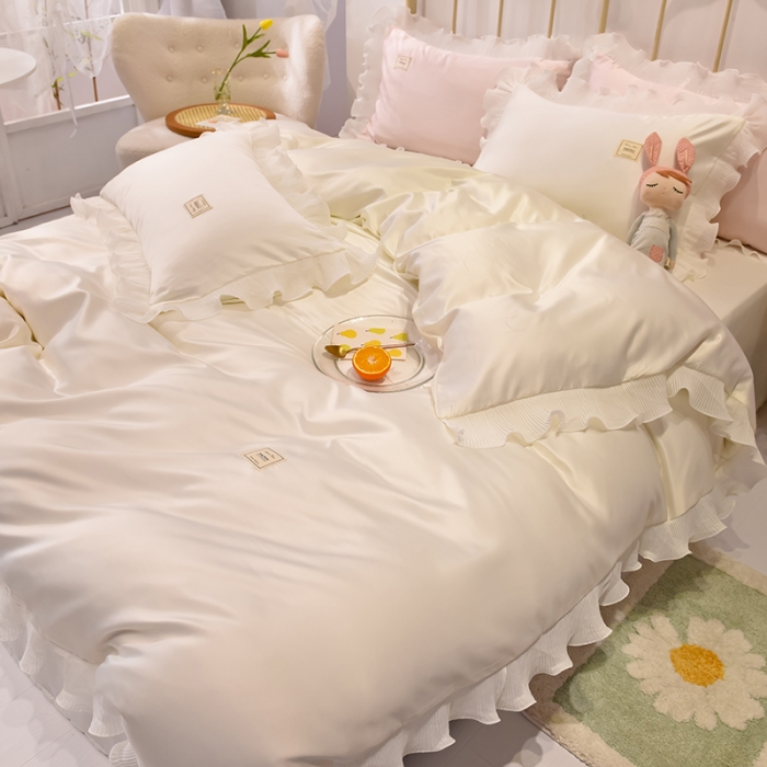 91家纺网 家纺一手货源 找家纺 艾米 2025新款水洗真丝雪纺花边揽梦系列四件套 奶白