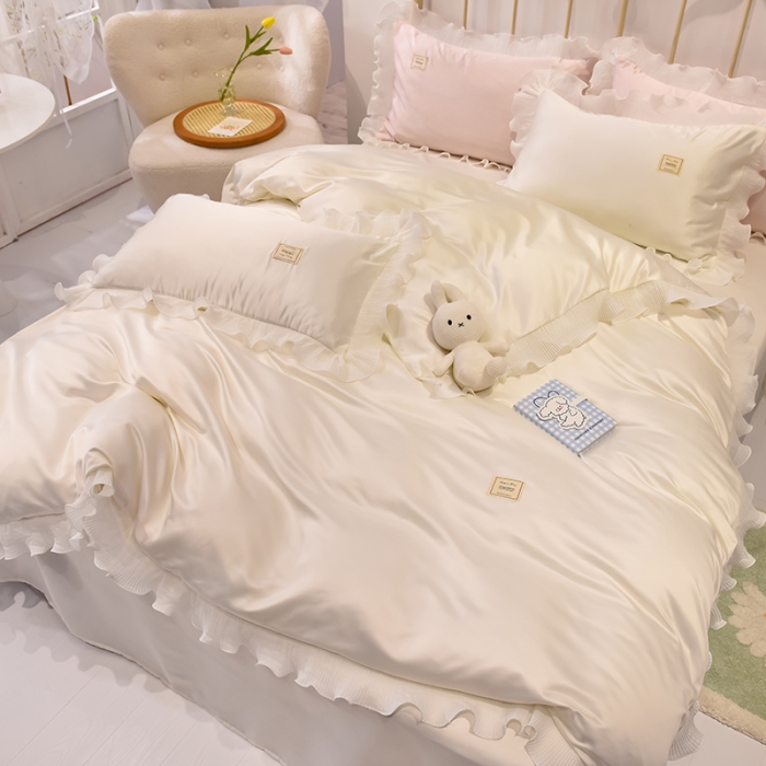 91家纺网 家纺一手货源 找家纺 艾米 2025新款水洗真丝雪纺花边揽梦系列四件套 奶白