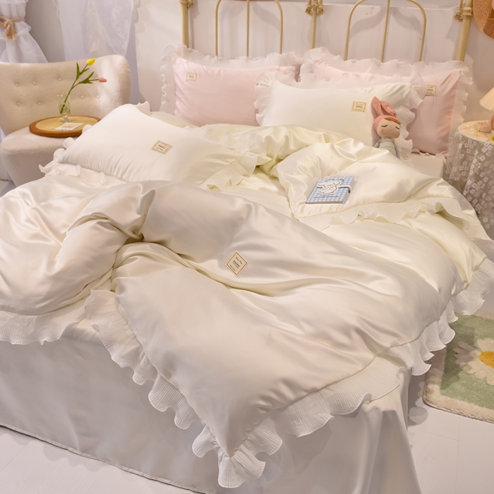 91家纺网 家纺一手货源 找家纺 艾米 2025新款水洗真丝雪纺花边揽梦系列四件套 奶白