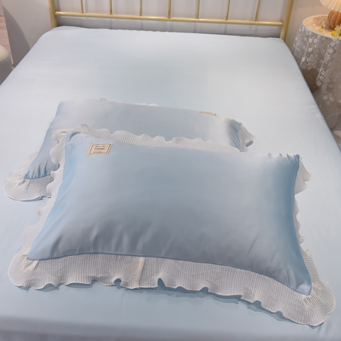 91家纺网 家纺一手货源 找家纺 艾米 2025新款水洗真丝雪纺花边揽梦系列四件套 天蓝