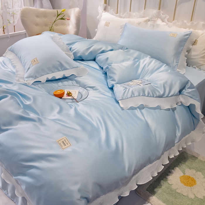 91家纺网 家纺一手货源 找家纺 艾米 2025新款水洗真丝雪纺花边揽梦系列四件套 天蓝