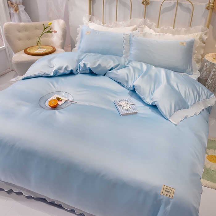 91家纺网 家纺一手货源 找家纺 艾米 2025新款水洗真丝雪纺花边揽梦系列四件套 天蓝