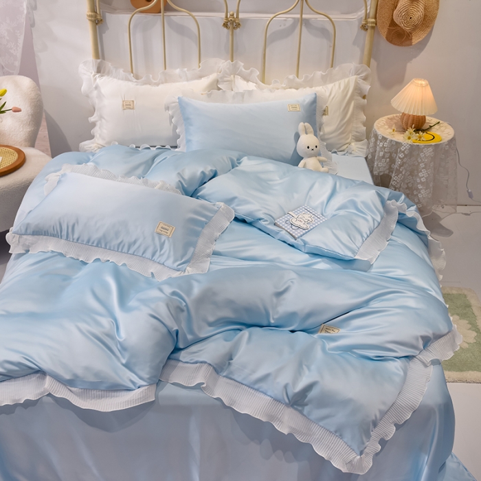 91家纺网 家纺一手货源 找家纺 艾米 2025新款水洗真丝雪纺花边揽梦系列四件套 天蓝