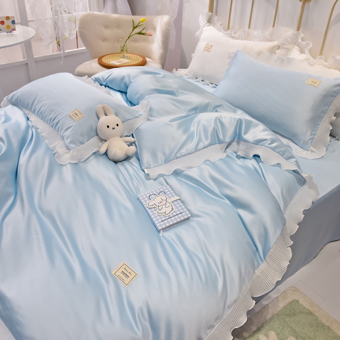 91家纺网 家纺一手货源 找家纺 艾米 2025新款水洗真丝雪纺花边揽梦系列四件套 天蓝