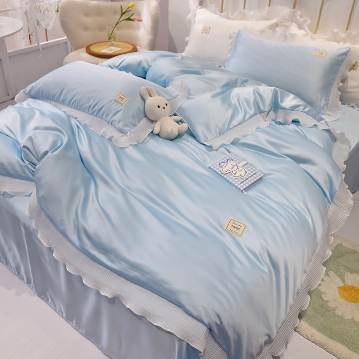 91家纺网 家纺一手货源 找家纺 艾米 2025新款水洗真丝雪纺花边揽梦系列四件套 天蓝