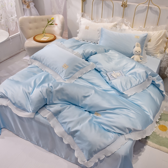 91家纺网 家纺一手货源 找家纺 艾米 2025新款水洗真丝雪纺花边揽梦系列四件套 天蓝