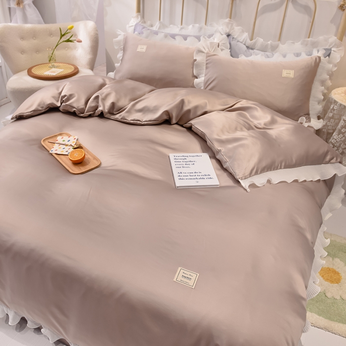 91家纺网 家纺一手货源 找家纺 艾米 2025新款水洗真丝雪纺花边揽梦系列四件套 香槟