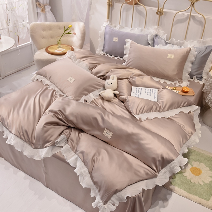 91家纺网 家纺一手货源 找家纺 艾米 2025新款水洗真丝雪纺花边揽梦系列四件套 香槟